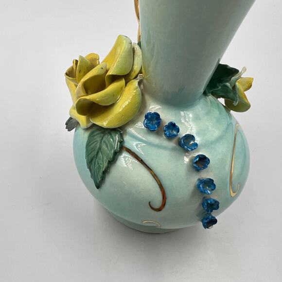 LEORA Vintage 8" Capodimonte Bud Vase W Handle Pitcher 3D Floral Gold Tone Decor - Picture 10 of 10